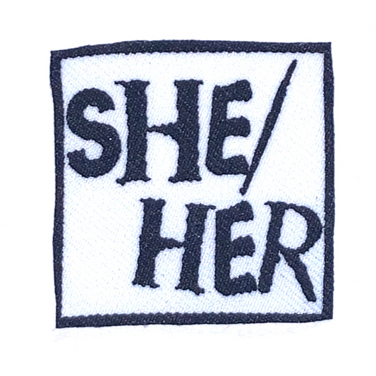 SHE/HER Cotton Fabric Patch (black on white)