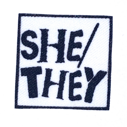 SHE/THEY Cotton Fabric Patch (black on white)