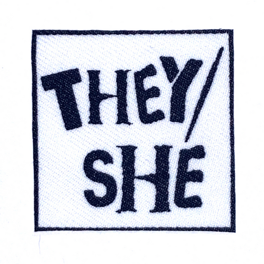 THEY/SHE Cotton Fabric Patch (black on white)