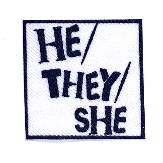 HE/THEY/SHE Cotton Fabric Patch (black on white)